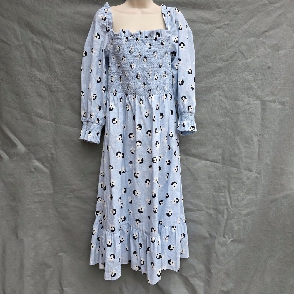 Kate Spade Blue Floral Dot Smocked Midi Dress Size Large Milk Maid Preppy Beach